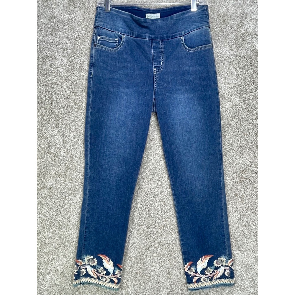 Go Fish Embroidered Hem Stretch Ankle Jeans Womens 6 Blue Western Boho Pull On